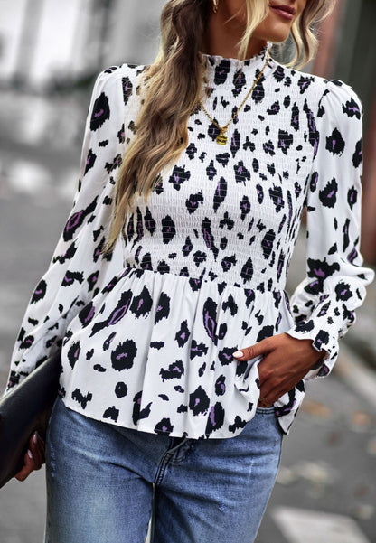 Printed Shirred Neck Peplum Blouse