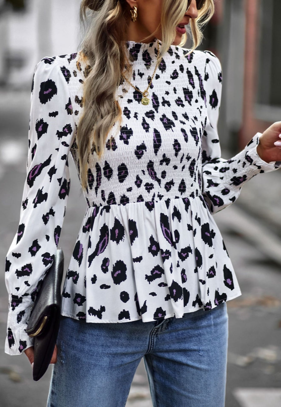 Printed Shirred Neck Peplum Blouse