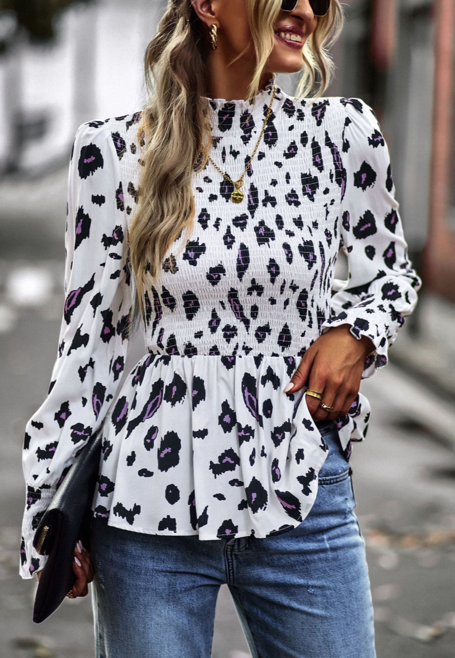 Printed Shirred Neck Peplum Blouse