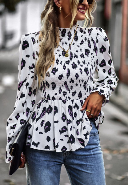 Printed Shirred Neck Peplum Blouse