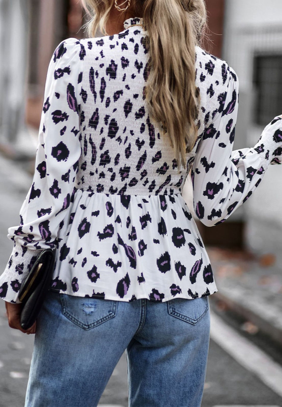 Printed Shirred Neck Peplum Blouse