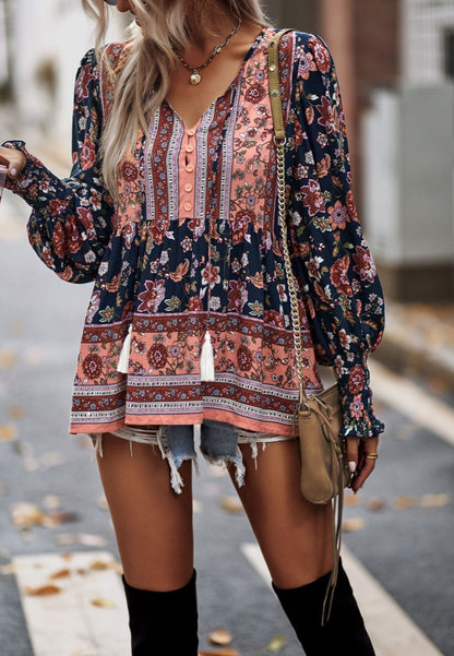 Tassel Tie Neck Bohemian Print Blouse