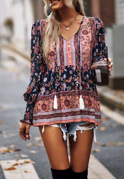 Tassel Tie Neck Bohemian Print Blouse