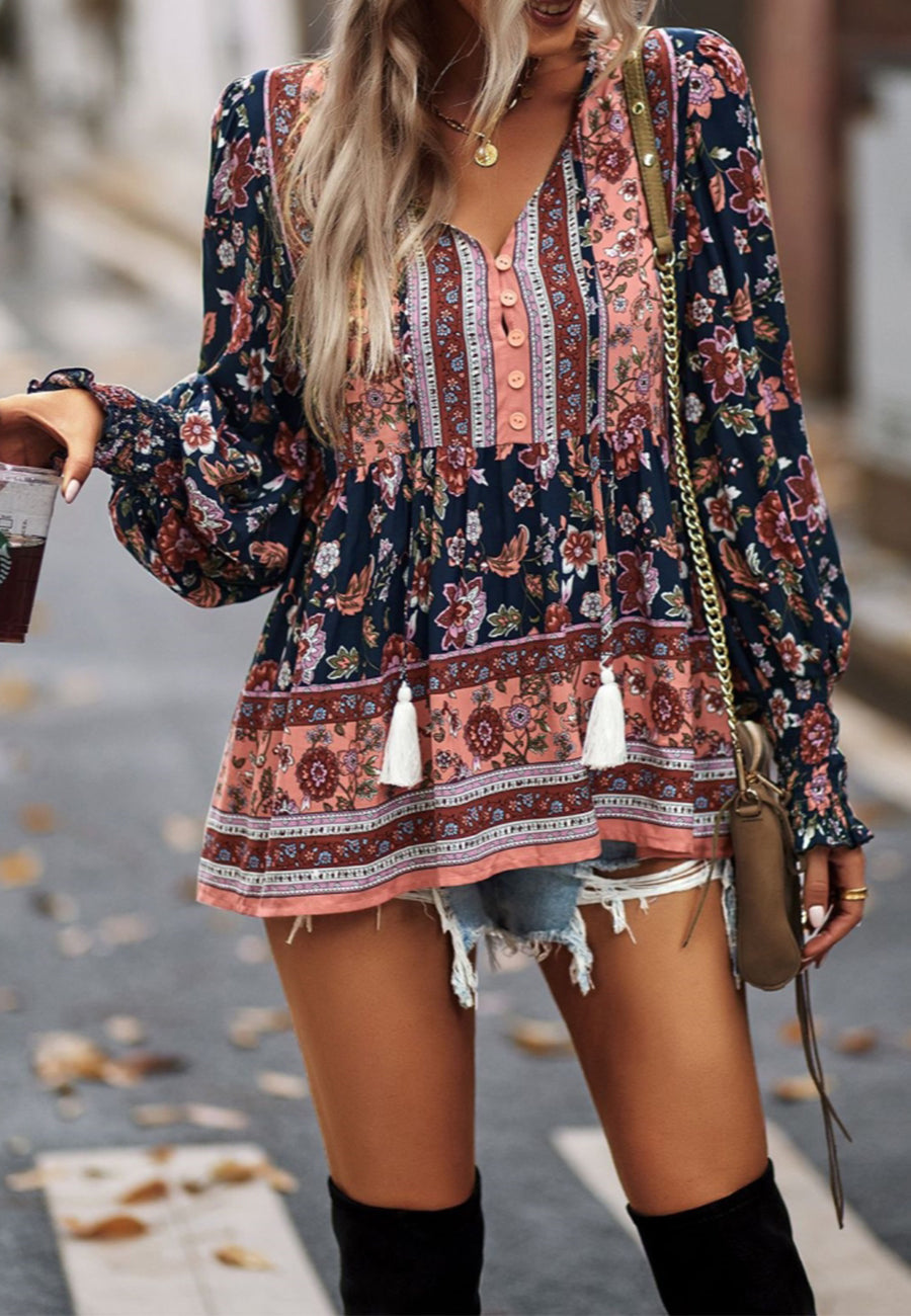 Tassel Tie Neck Bohemian Print Blouse