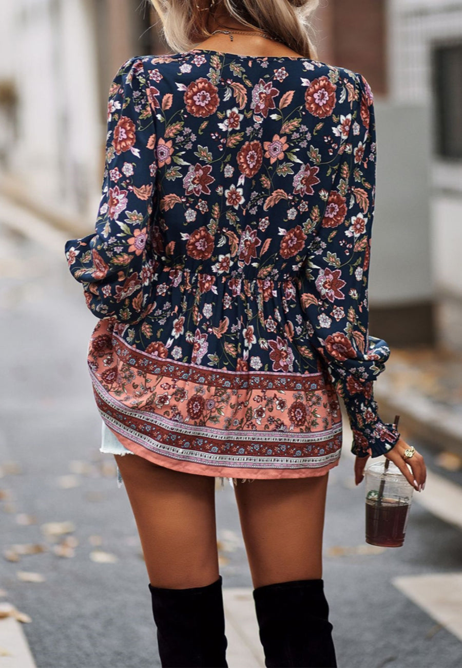 Tassel Tie Neck Bohemian Print Blouse