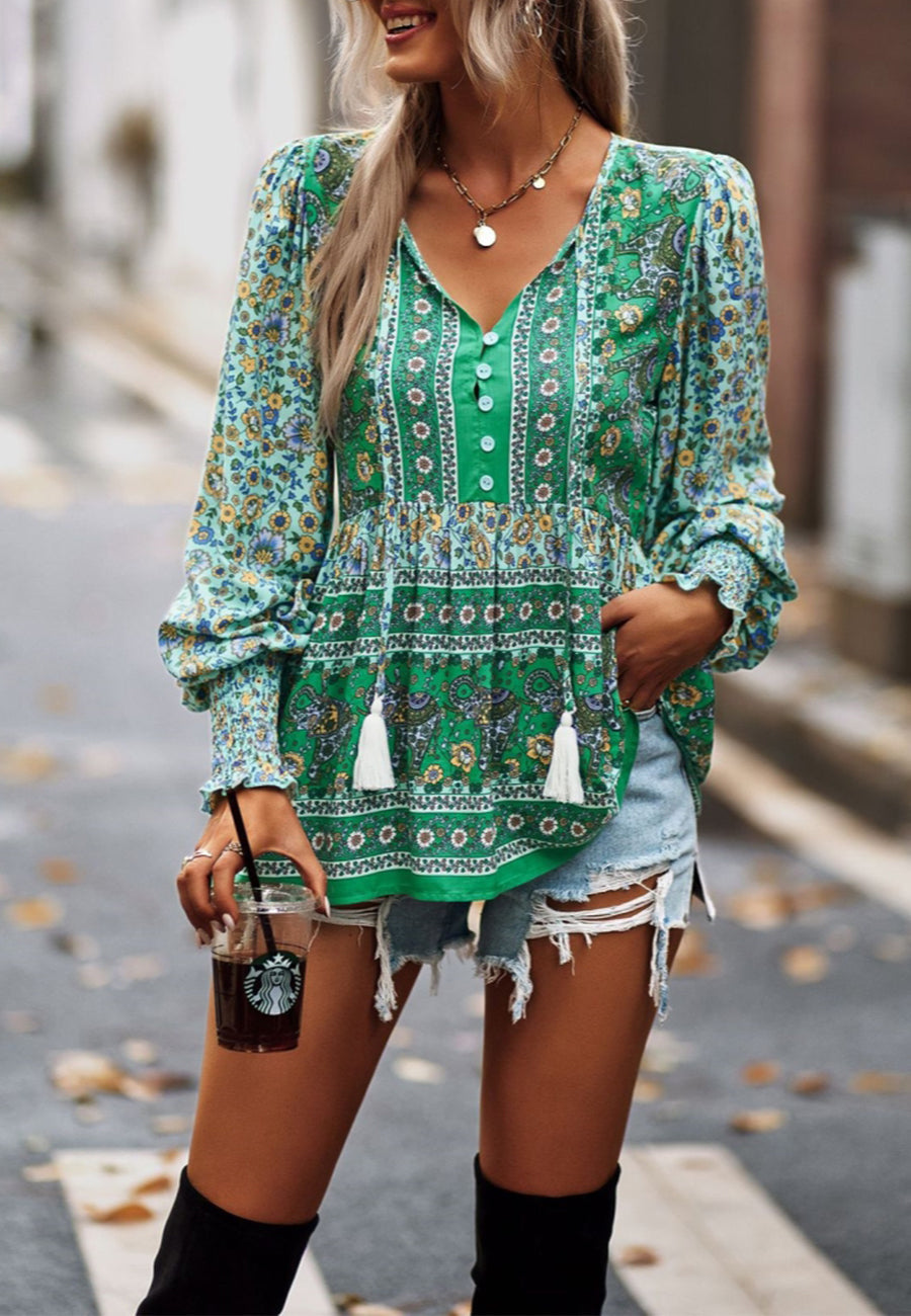 Tassel Tie Neck Bohemian Print Blouse