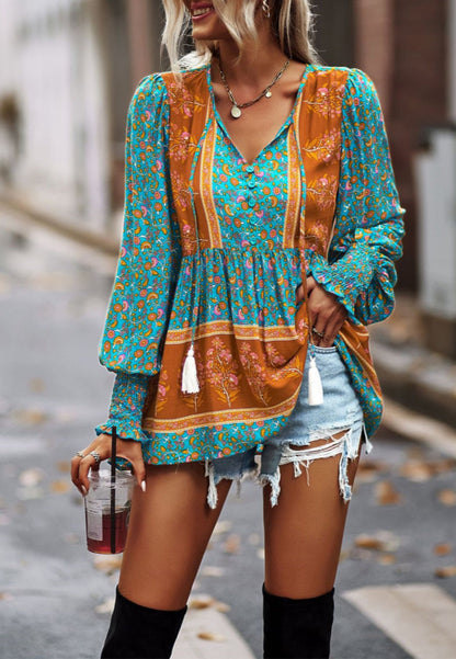 Tassel Tie Neck Bohemian Print Blouse