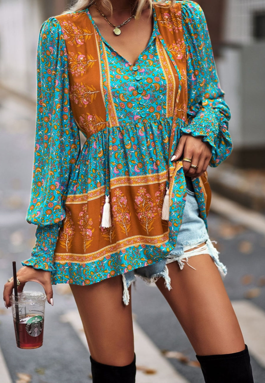 Tassel Tie Neck Bohemian Print Blouse