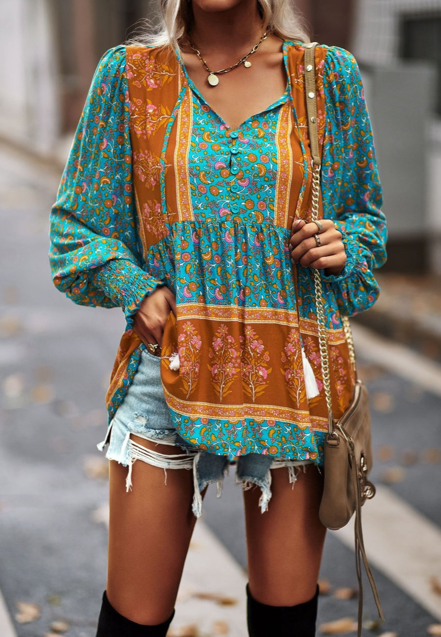 Tassel Tie Neck Bohemian Print Blouse