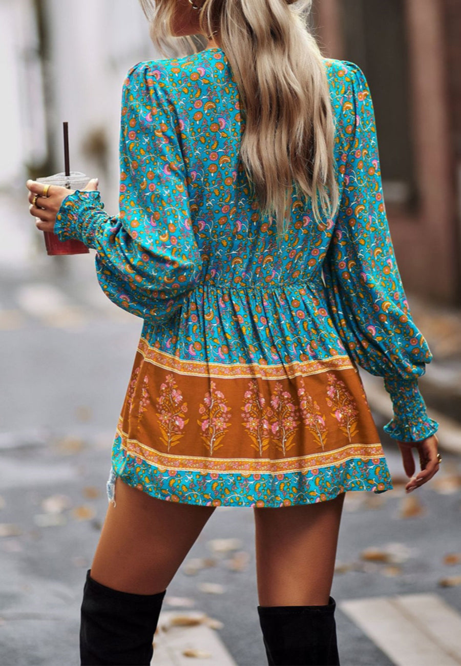 Tassel Tie Neck Bohemian Print Blouse