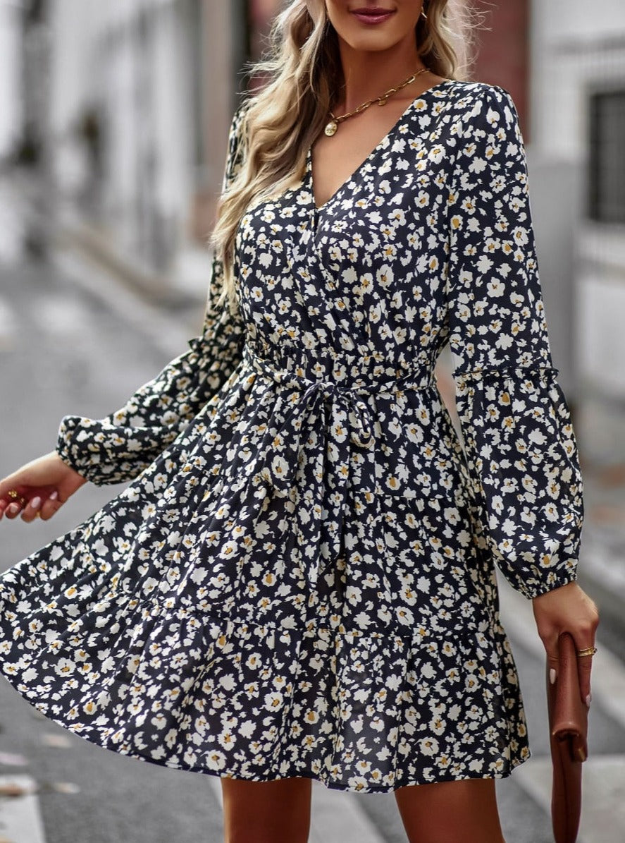 Printed Surplice Neck Fall Dress