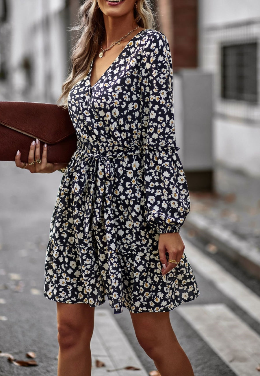 Printed Surplice Neck Fall Dress