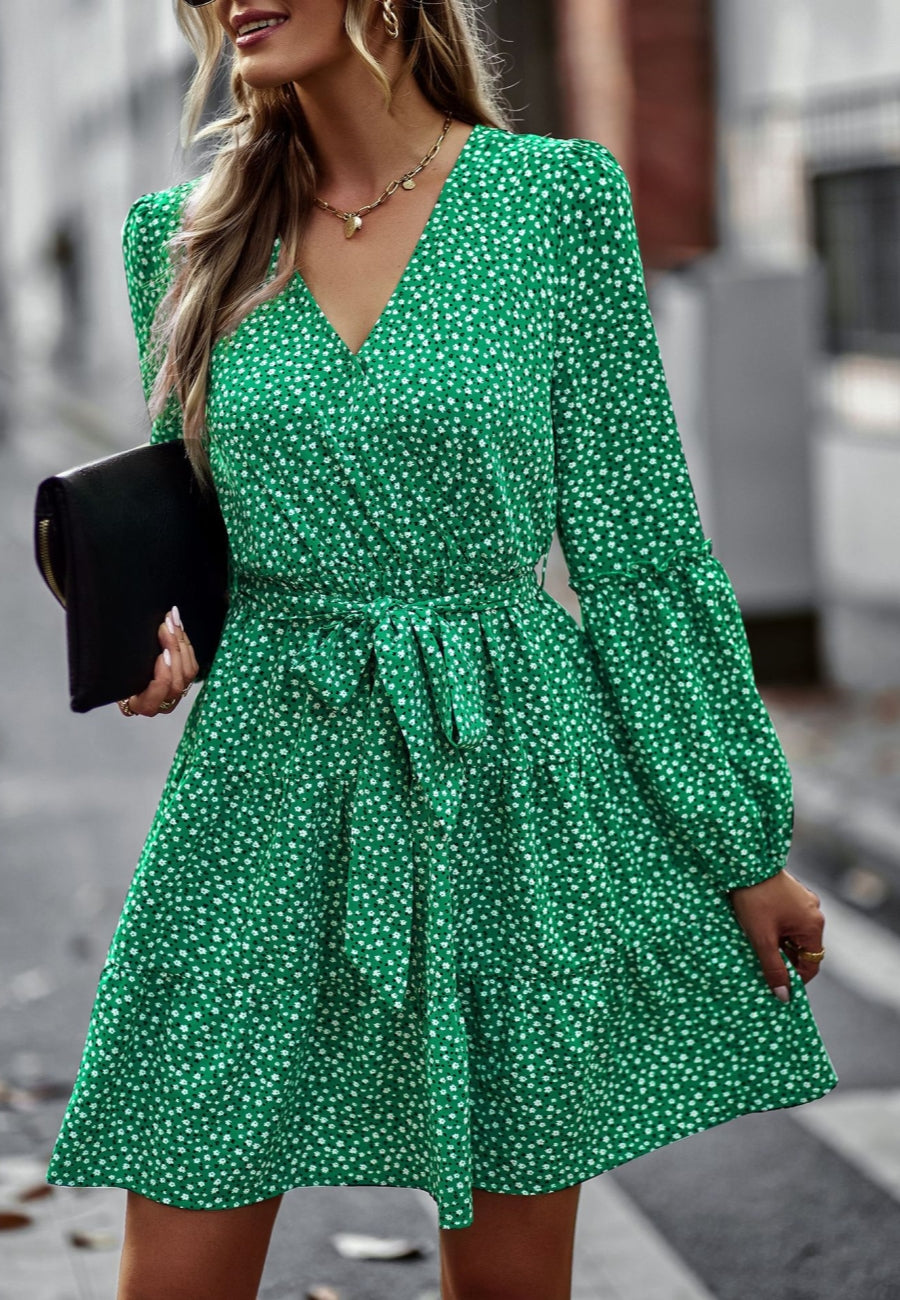 Printed Surplice Neck Fall Dress