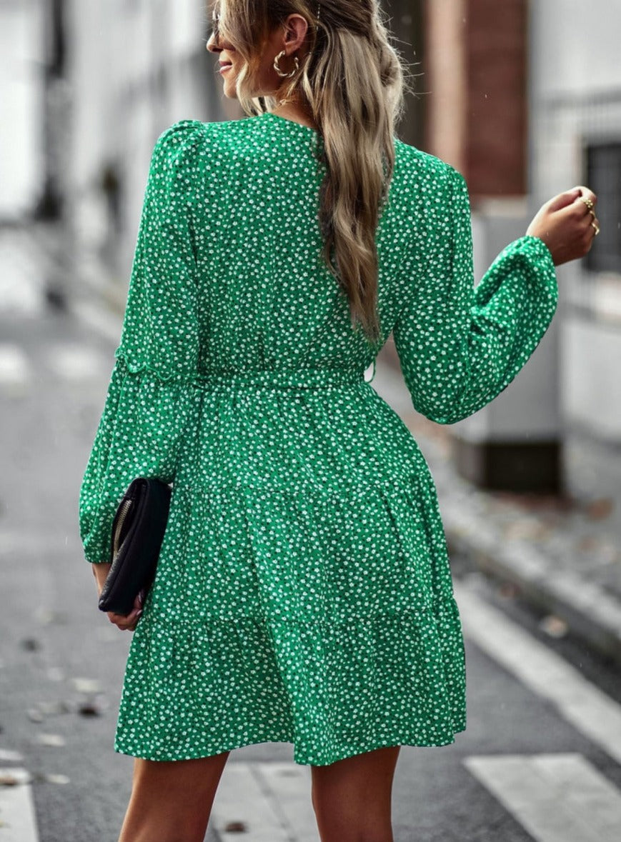 Printed Surplice Neck Fall Dress