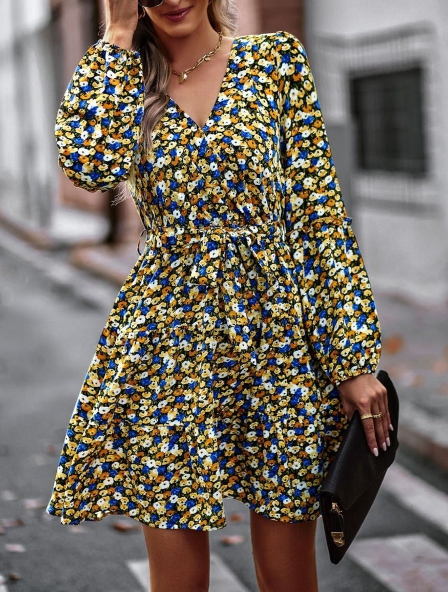 Printed Surplice Neck Fall Dress