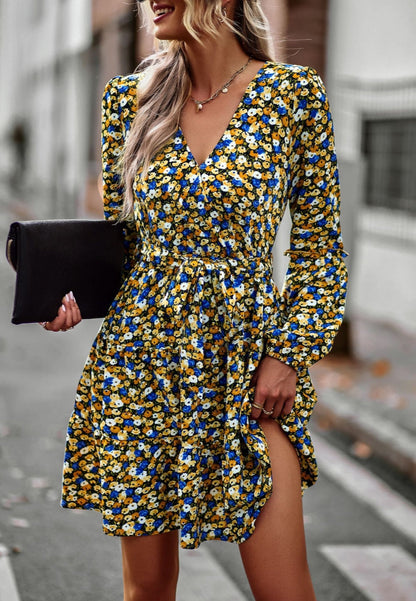 Printed Surplice Neck Fall Dress