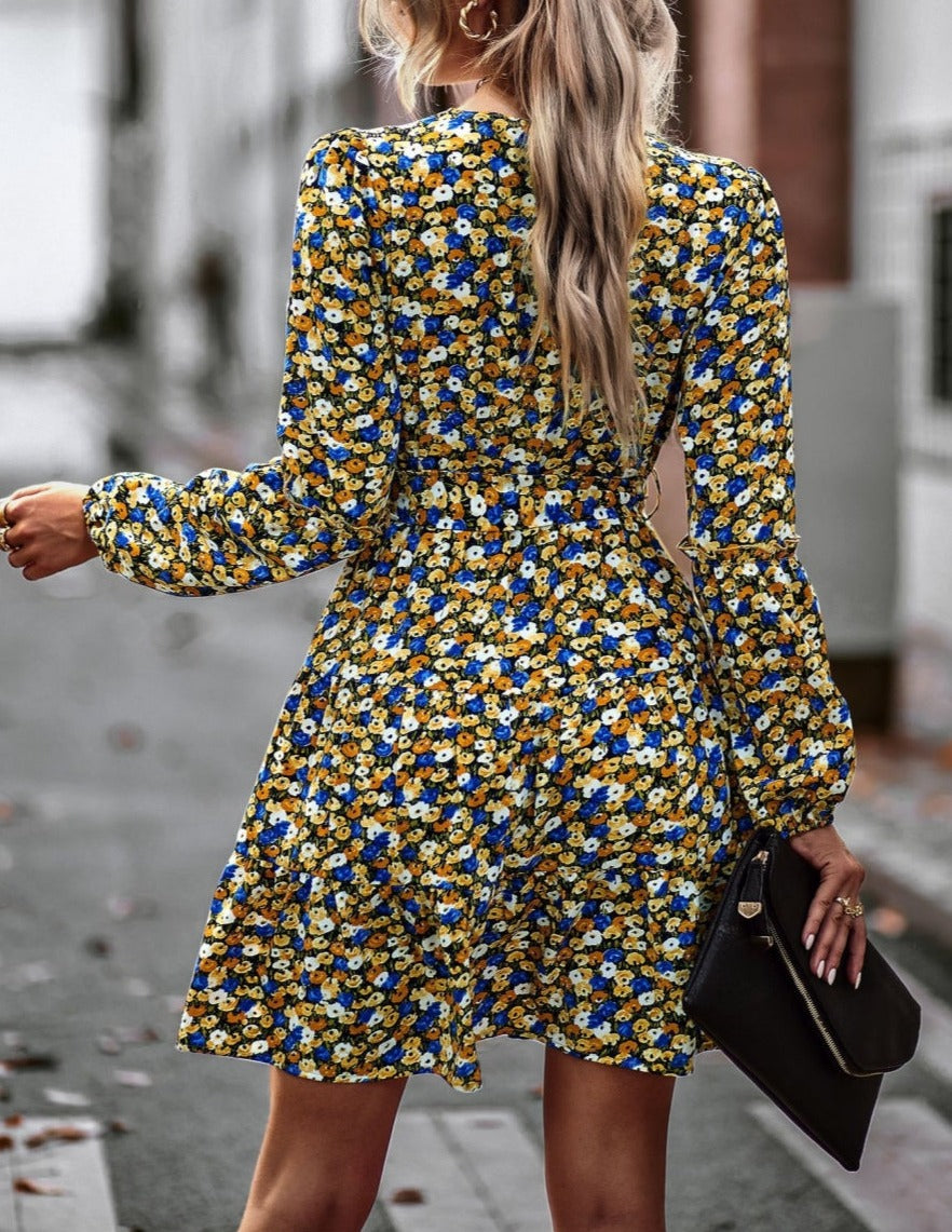 Printed Surplice Neck Fall Dress