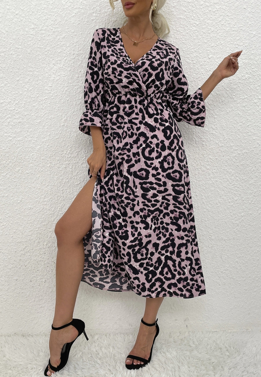 Leopard Print Three Quarter Sleeve Dress