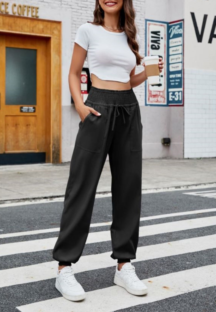 Solid Color Shirred Tie Waist Cuffed Basic Jogger Pants for Women