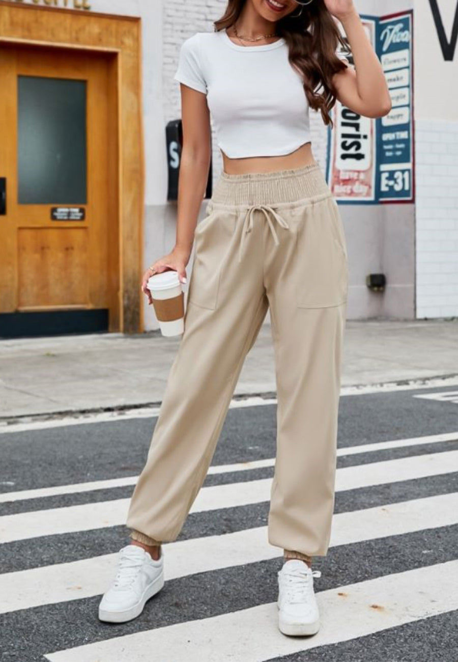 Solid Color Shirred Tie Waist Cuffed Basic Jogger Pants for Women Anna Kaci