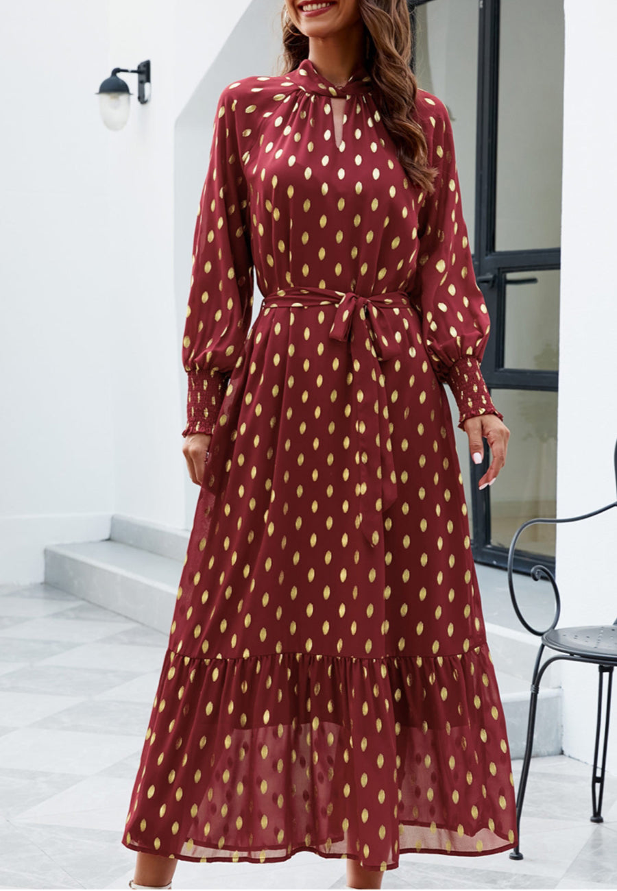 Polka Dot Mock Long Sleeve Maxi Dress