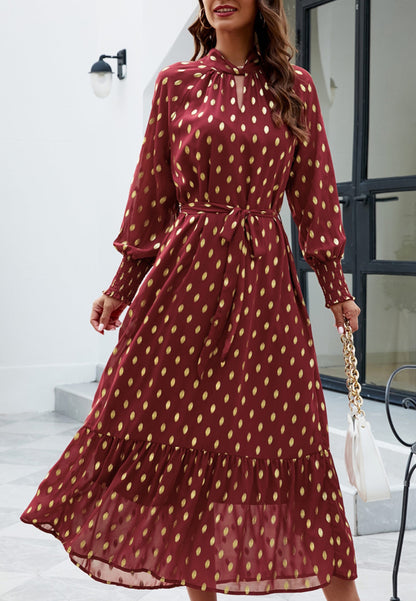 Polka Dot Mock Long Sleeve Maxi Dress