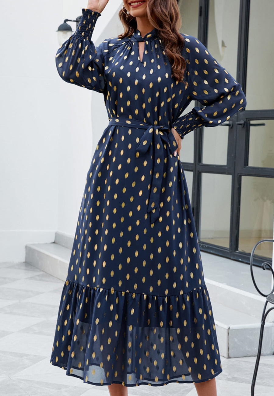 Polka Dot Mock Long Sleeve Maxi Dress