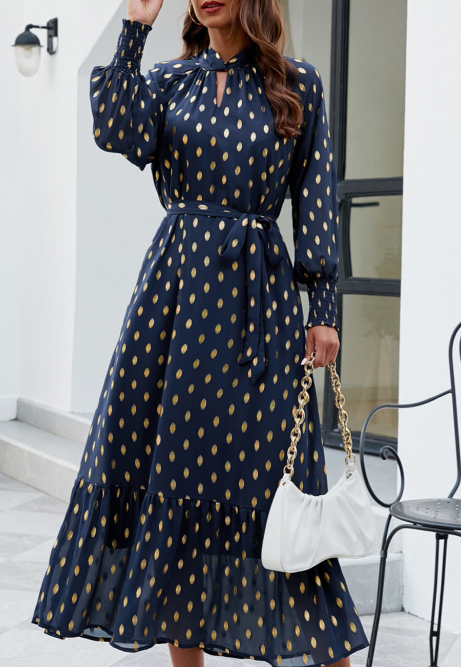 Polka Dot Mock Long Sleeve Maxi Dress