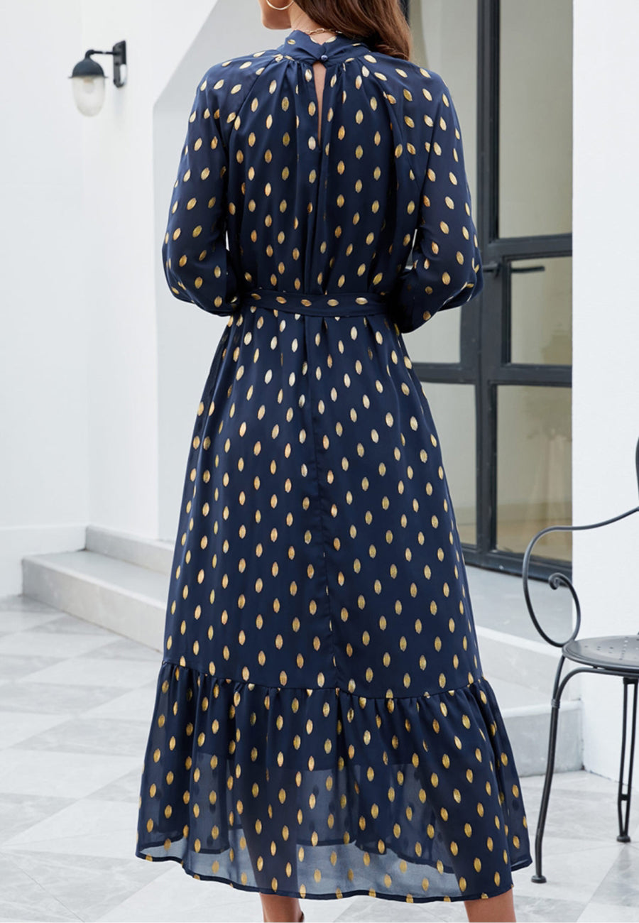 Polka Dot Mock Long Sleeve Maxi Dress