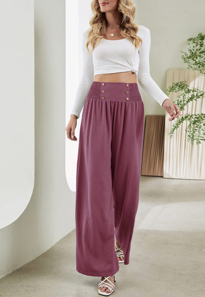 Button Detail Shirred Waist Pants