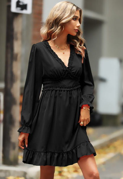 Lace V-Neck Ruffle Swing Dress