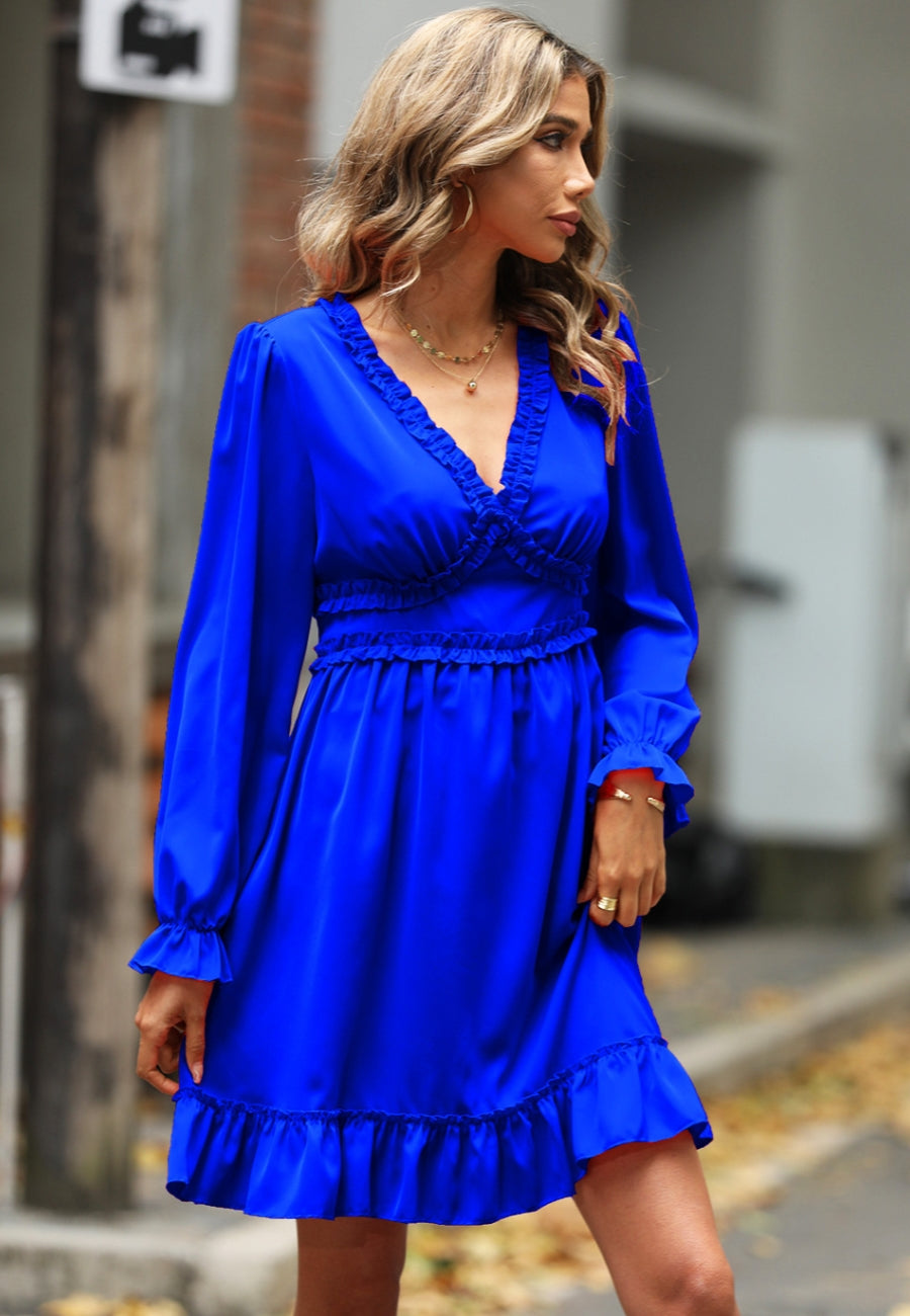 Lace V-Neck Ruffle Swing Dress