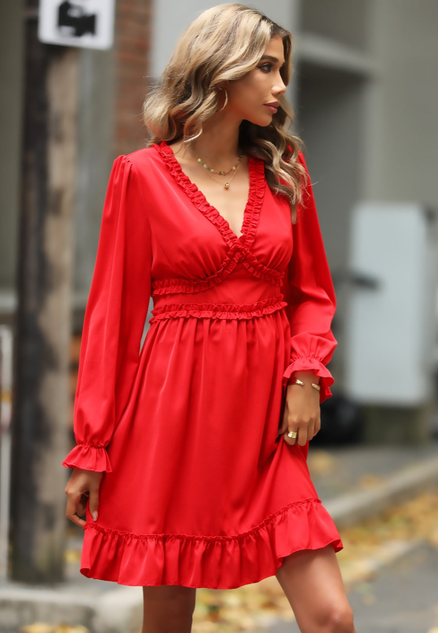 Lace V-Neck Ruffle Swing Dress