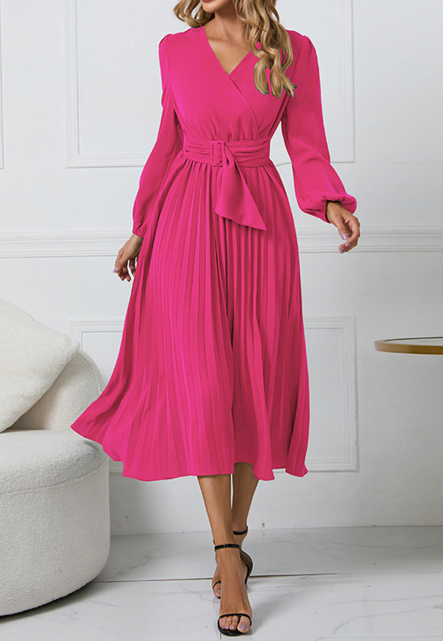 Solid Color Surplice Neck Belted Pleated Dress Below Knee Length