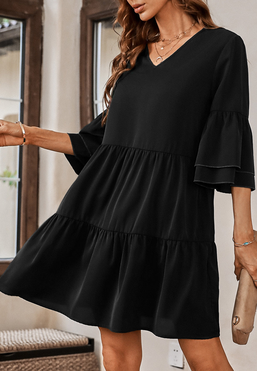Solid Color V Neck Ruffle Sleeve Tiered Dress Above Knee Length