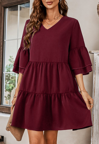 Solid Ruffle Sleeve Tiered Dress