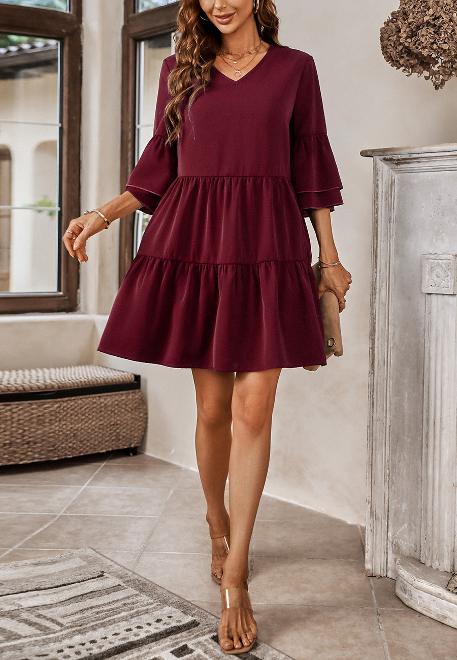 Solid Color V Neck Ruffle Sleeve Tiered Dress Above Knee Length