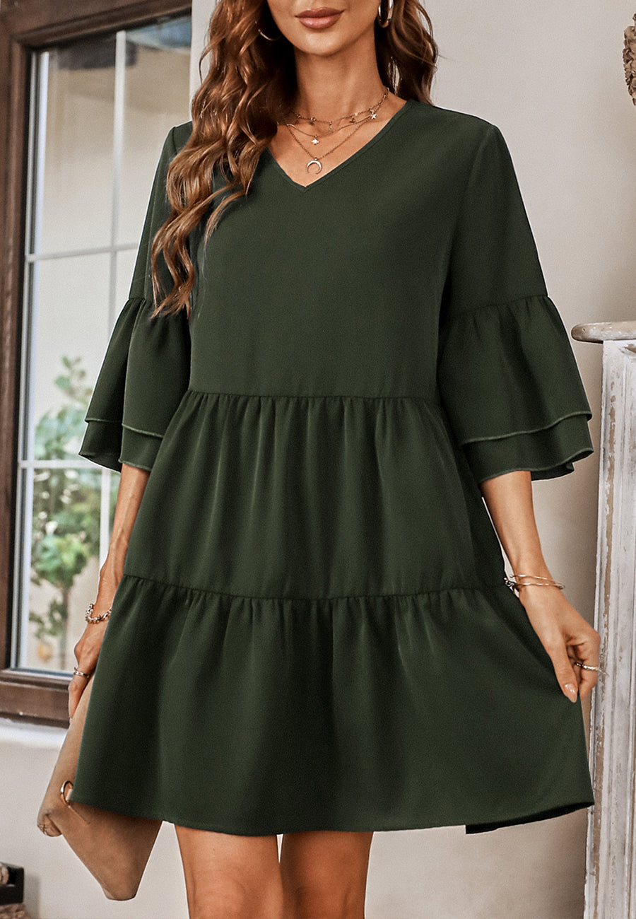 Solid Ruffle Sleeve Tiered Dress