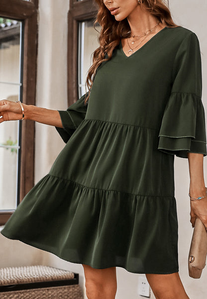 Solid Ruffle Sleeve Tiered Dress