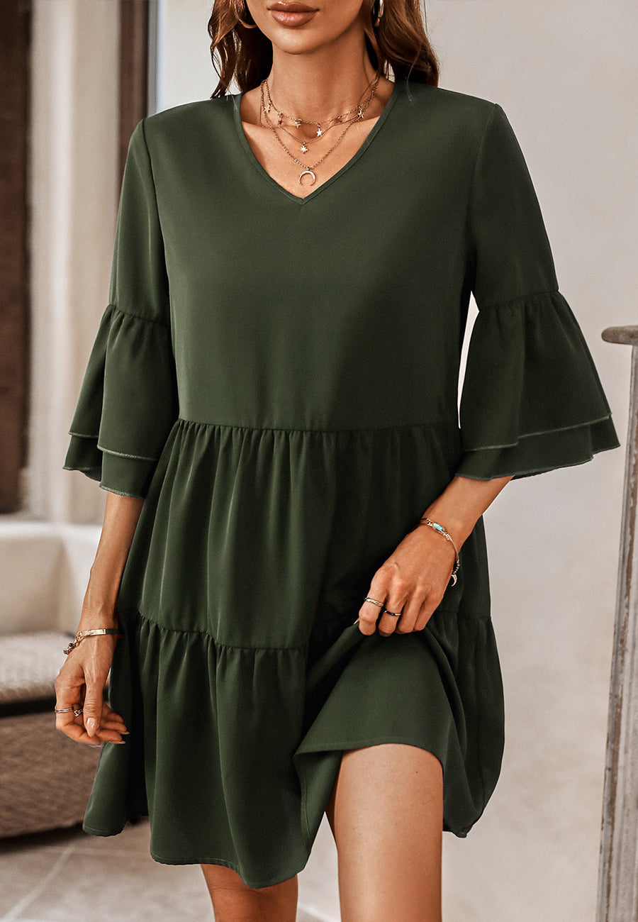 Solid Color V Neck Ruffle Sleeve Tiered Dress Above Knee Length