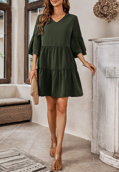 Solid Ruffle Sleeve Tiered Dress