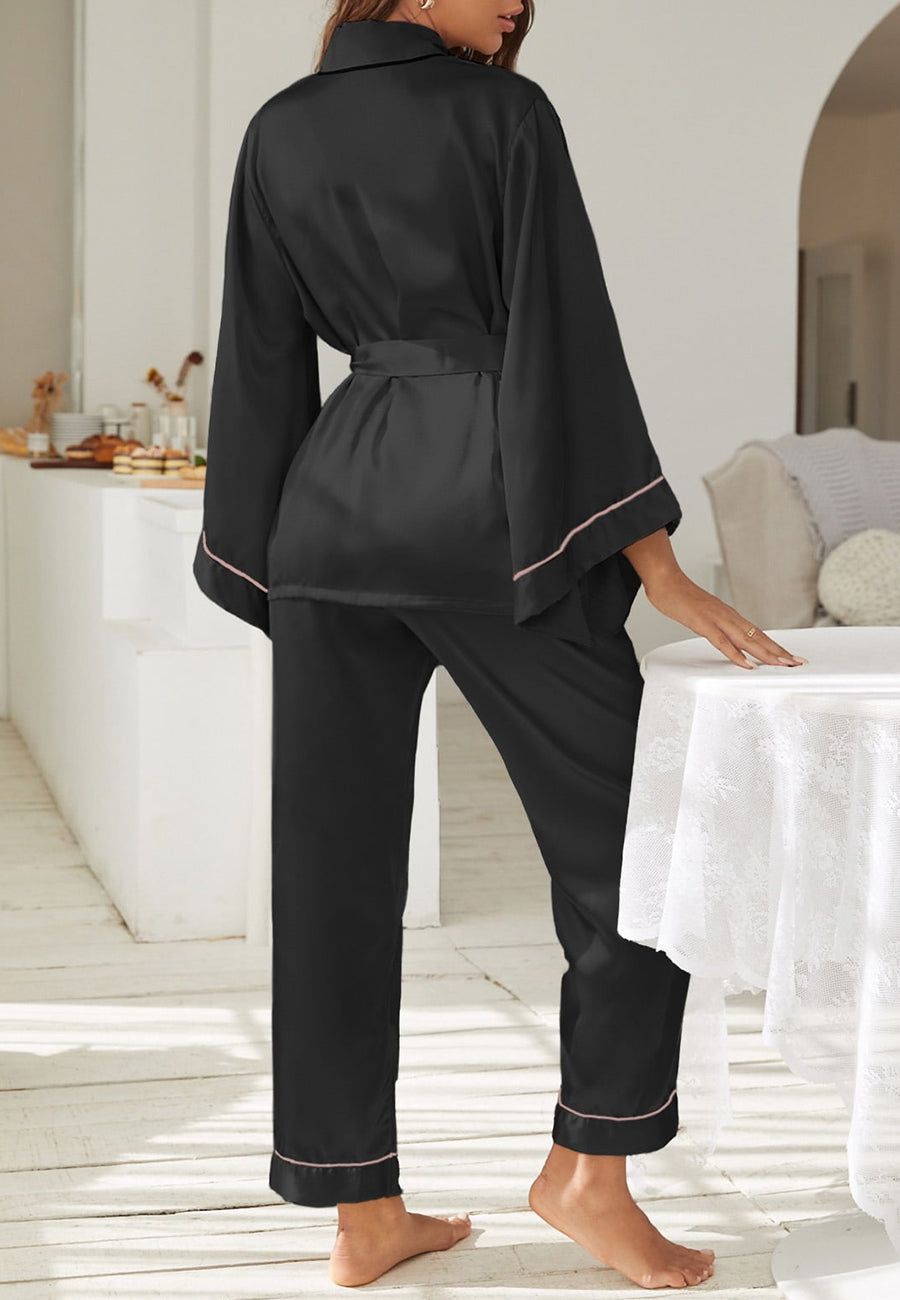 Surplice Neck Tie Waist Top and Pants Pajama Set - Black / S