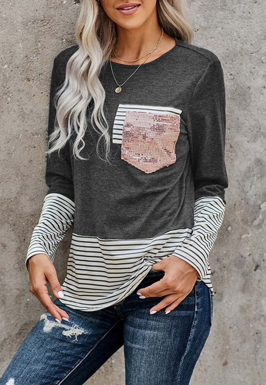 Color Block Sequin Pocket Sweatshirt