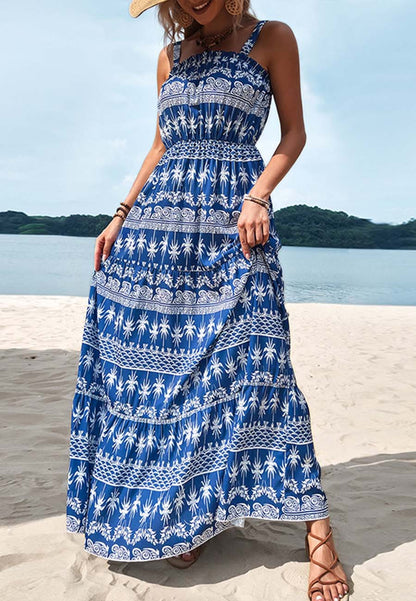 Vestido con cuello recto y estampado tropical