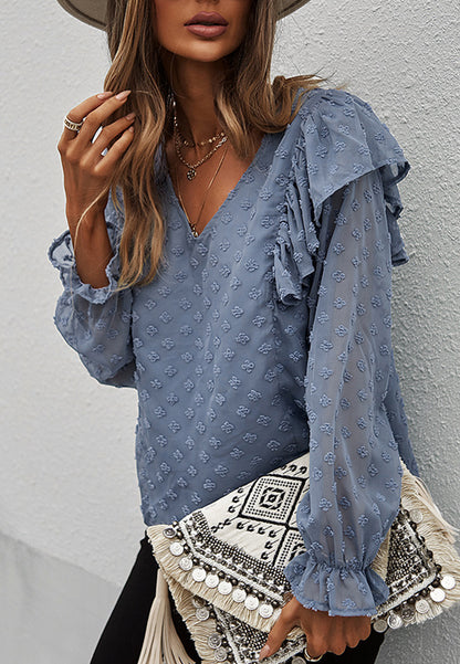 Ruffle Shoulder Long Sleeve Blouse