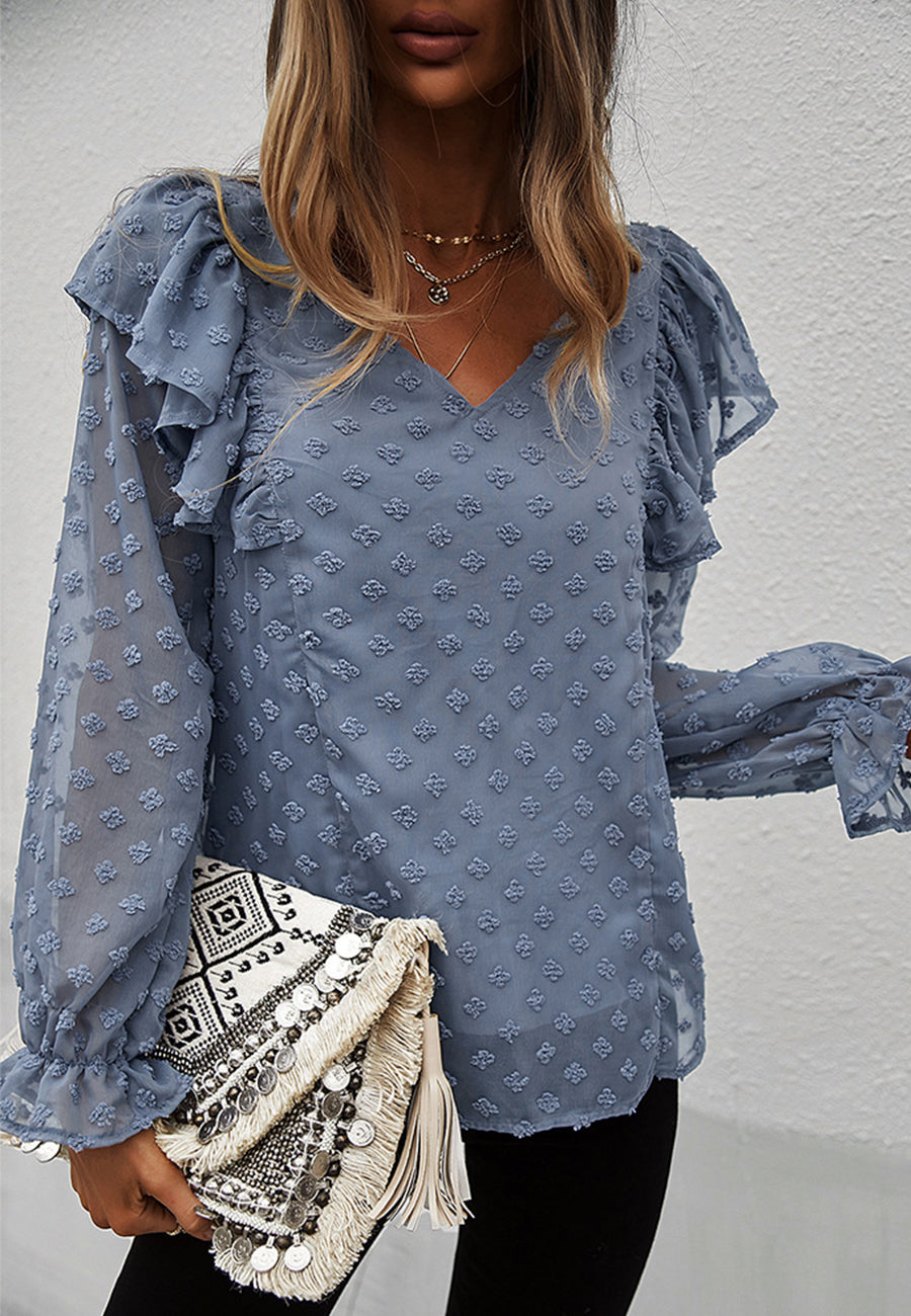 Ruffle Shoulder Long Sleeve Blouse