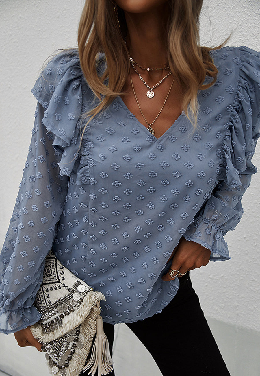 Ruffle Shoulder Long Sleeve Blouse