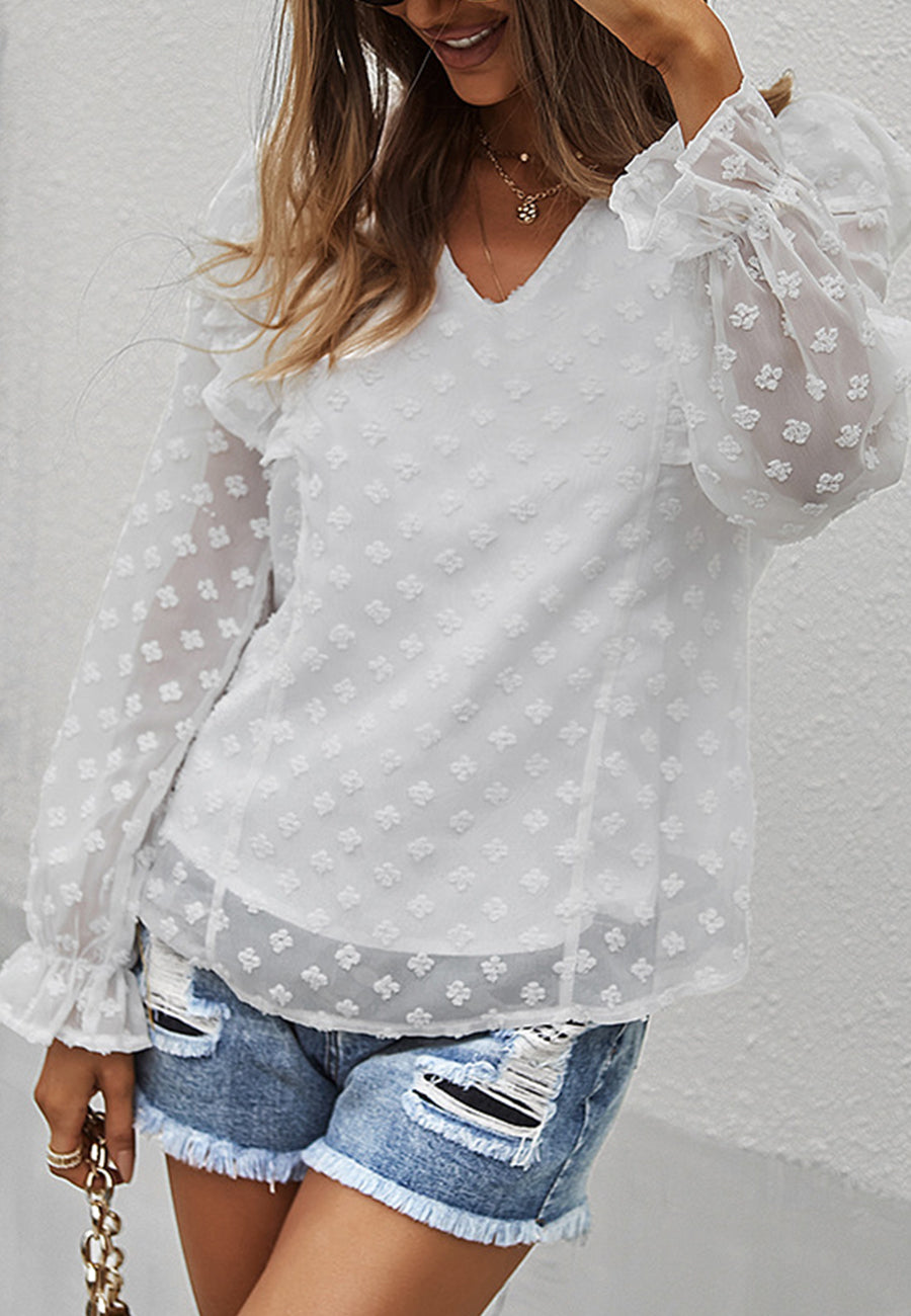 Ruffle Shoulder Long Sleeve Blouse