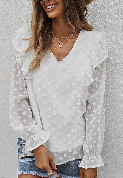 Ruffle Shoulder Long Sleeve Blouse