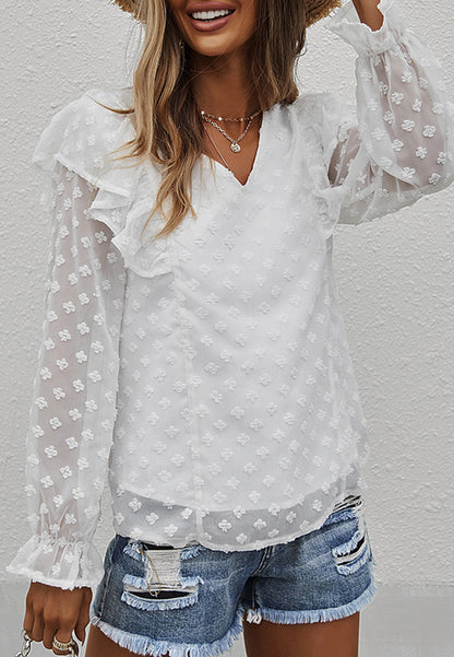 Ruffle Shoulder Long Sleeve Blouse